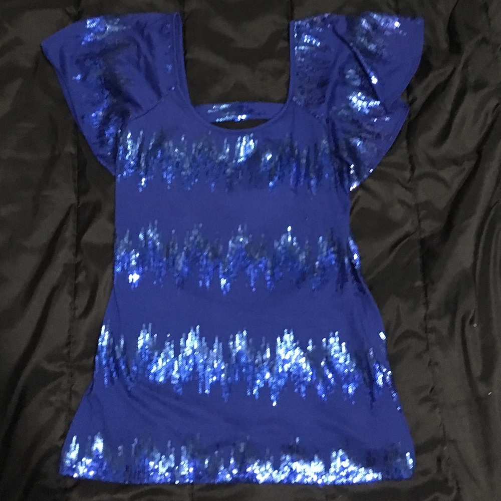 Degrees Colbalt Blue Sequin Bat Wing Short Sleeve